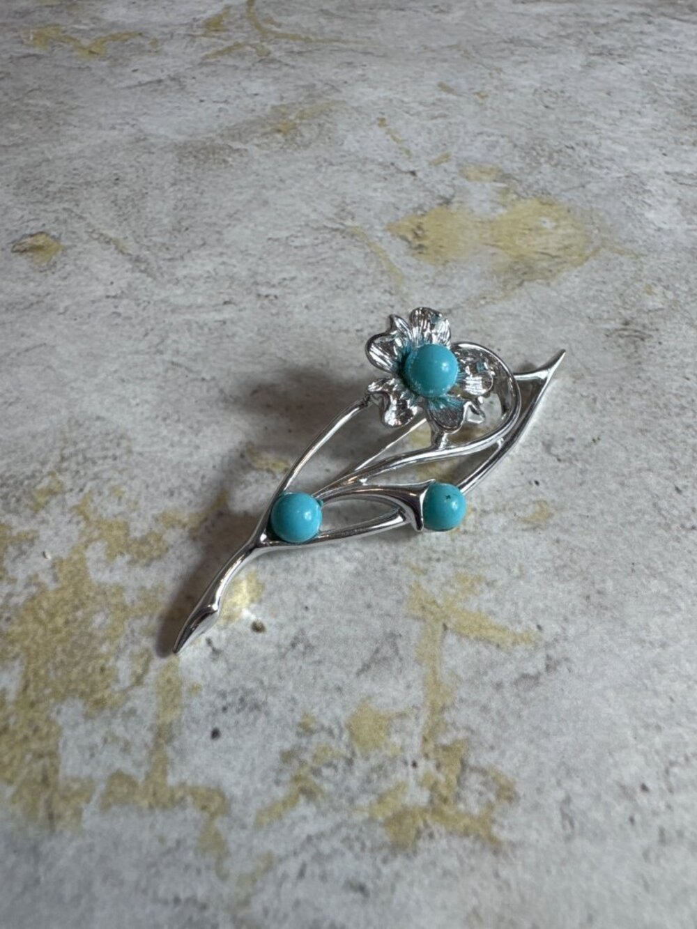 Sarah Coventry Blue Bead Silver and Turquoise Floral Brooch Pin